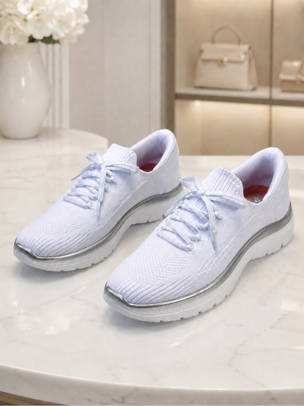 Skechers White Knit Lace-Up Slip-On Sneakers with Silver Trim - Picture 1 of 8